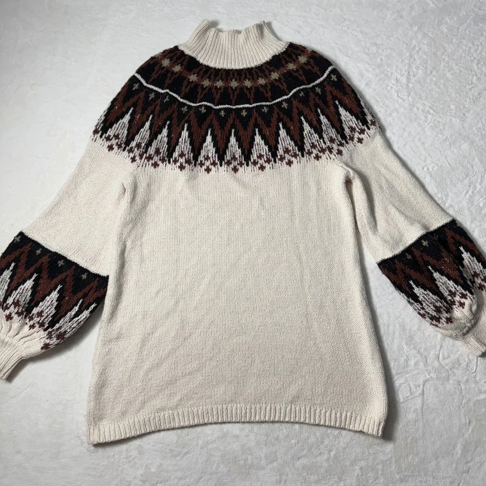 Free People Scotland‎ Mock Neck Fair Isle Sweater Mini Dress Sz S Balloon Sleeve